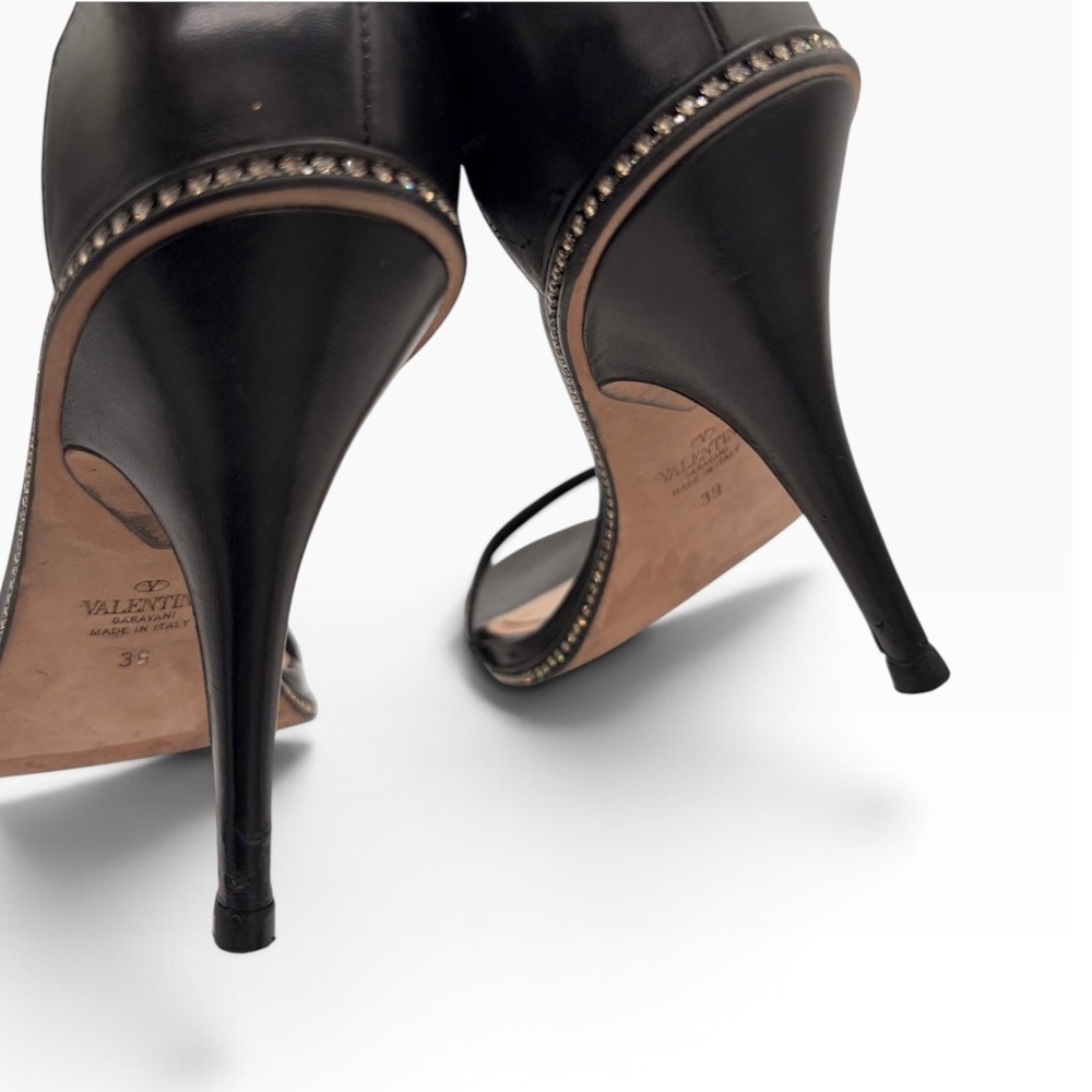 Valentino Garavani Sandals 39 Luxury Black Leather Rockstud Crystal Strapy Heel - Picture 7 of 9